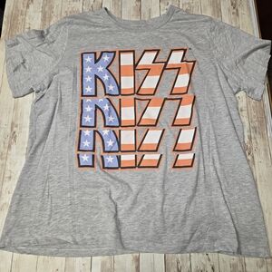 KISS Band T-Shirt Men’s 2XL Gray Red White Blue Stars Stripes Graphic Tee EUC